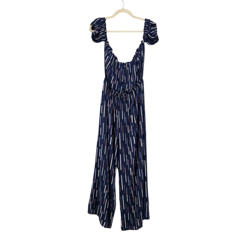 Lulus Womens Large Jumpsuit True Radiance Navy Blue Multi Print Off The Shoulder